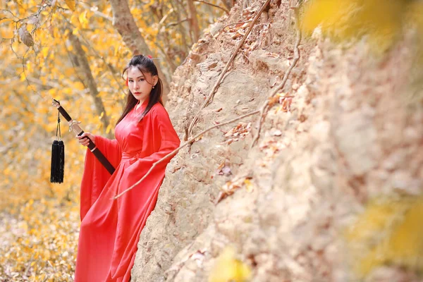 Portrait Young Beautiful Woman Wearing Red Chinese Warrior Costume Black — Stock Photo, Image