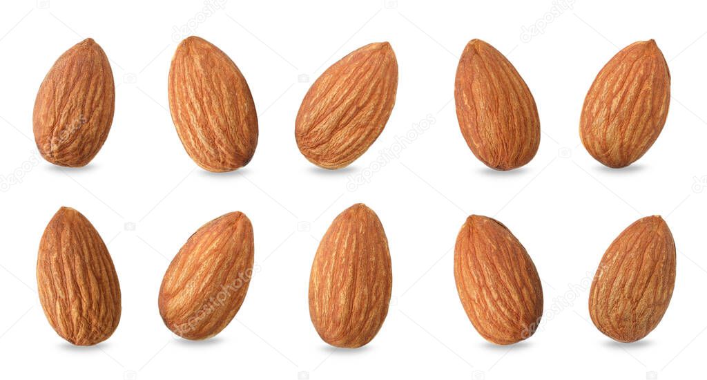 Close up peeled almonds nuts on white background isolated for your advertising with clipping path