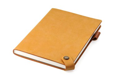 Kapalı kahverengi deri defter veya günlük izole ve tam derinlik ve kırpma yolu ile beyaz arkaplan