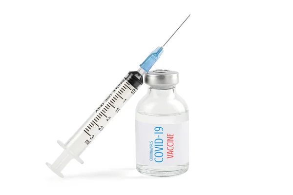 Närbild Spruta Och Covid Coronavirus Vaccin Eller Vaccin Injektionsflaska Vit — Stockfoto