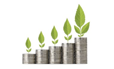 İş yatırımları ve reklam kavramı için tasarruf artışı. Bozuk paraları izole edilmiş ve beyaz arka plan stüdyosuna istiflemek, para yetiştirmek, biriktirmek ya da para kazanmak anlamına gelir.