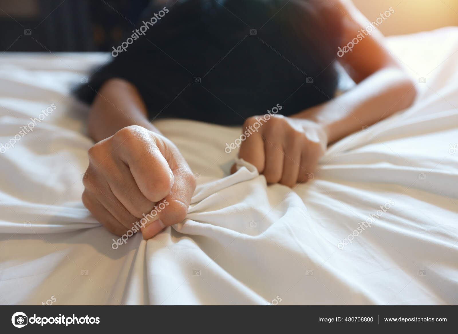 Close Young Sexy Woman Hand Pulling White Sheets Ecstasy Hotel Stock Photo by ©Parkpoom 480708800 pic