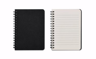 Üst görünüm, sarmal boş defter veya siyah not defterinin kırpma yolu ile izole edilmiş ve beyaz arkaplanı görüntüsünü kapatır ve açar