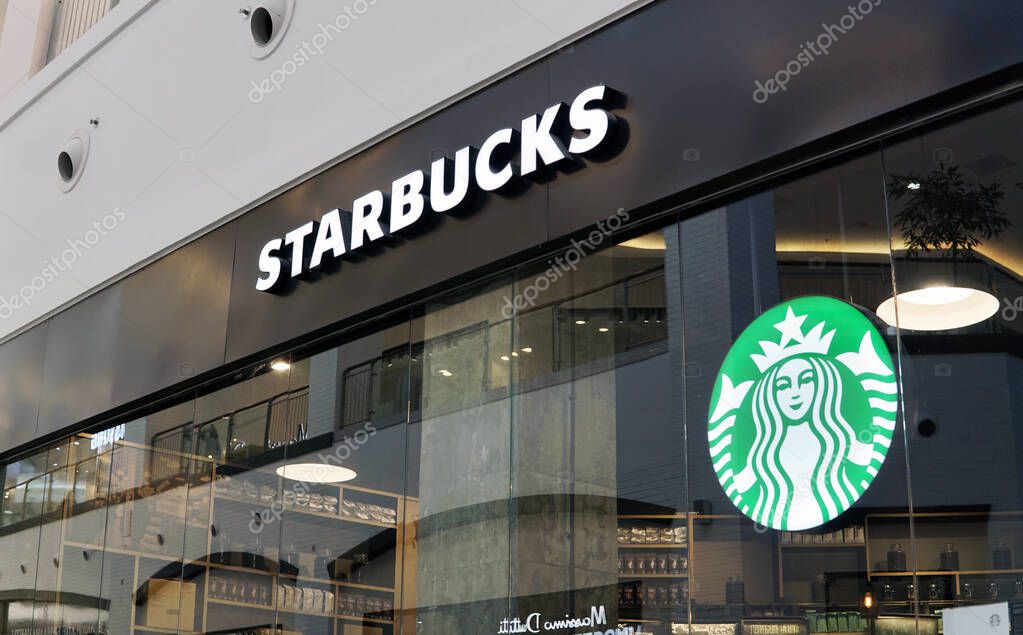 Moscow Russia - April 09 2021:Signboard of Starbucks cafe in the mall.