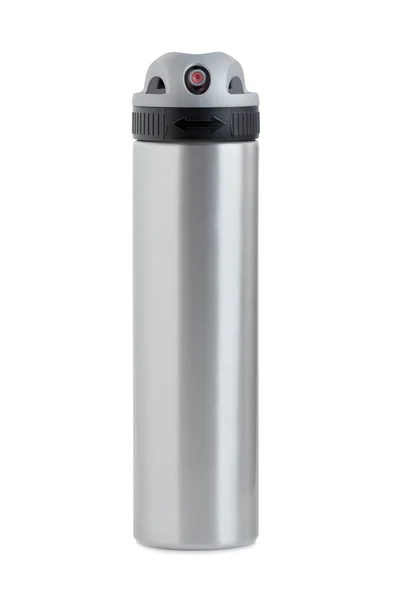 Botella Aluminio Spray Con Cerradura Interruptor Boquilla Pulverización Aislado Sobre —  Fotos de Stock