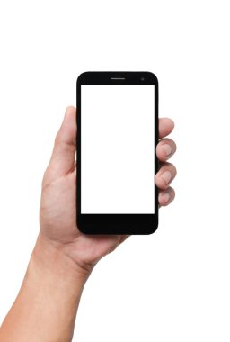 Beyaz arka plan üzerinde izole smartphone tutan el.