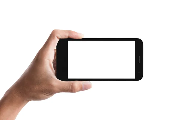 Beyaz arka plan üzerinde izole smartphone tutan el.