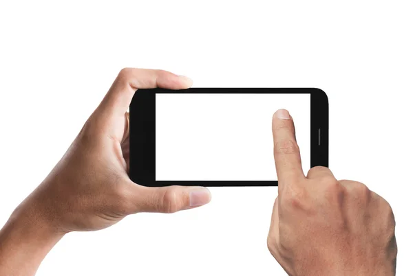 Hand Met Smartphone Geïsoleerd Witte Achtergrond — Stockfoto