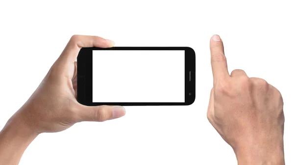 Ruka Drží Smartphone Rukou Ukazováčkem Izolovaných Bílém Pozadí — Stock fotografie