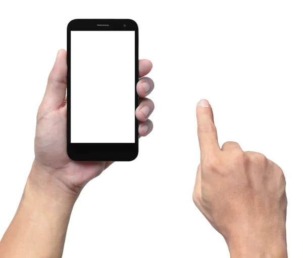 Tangan Memegang Smartphone Dan Tangan Menunjuk Jari Terisolasi Pada Latar — Stok Foto