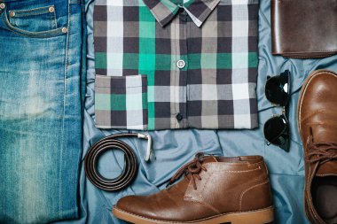 hipster vintage giyim ve aksesuar koleksiyonu rahat kavramı, en iyi görünüm, düz Lay