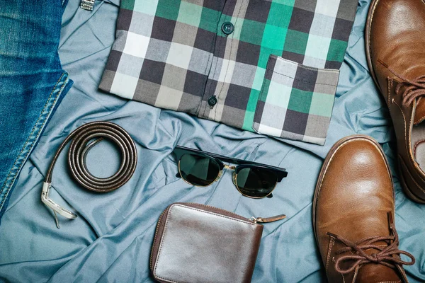 hipster vintage clothes and accessories collection casual concept, top view, Flat Lay