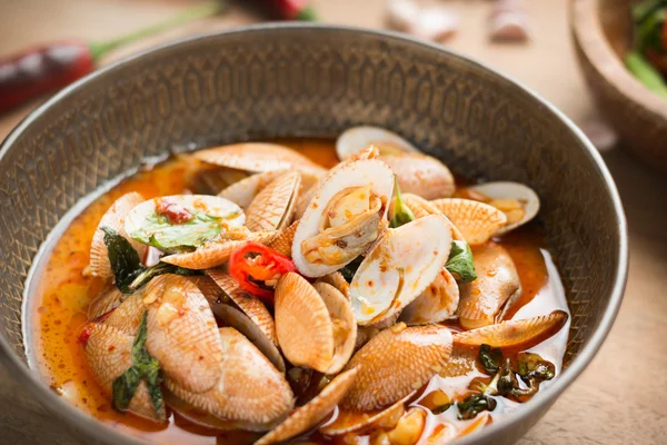 Köstliches Thailändisches Essen Rühren Gebratene Venusmuscheln Mit Gerösteter Chilipaste Auf — Stockfoto