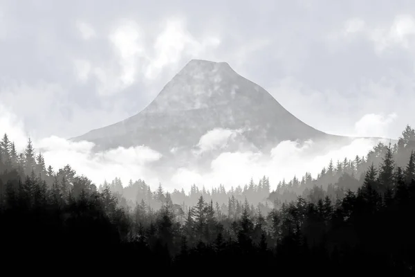 Ζωγραφική Τοπίο Φαντασία Βουνό Πεύκο Δάσος Ομίχλη Και Ουρανό — Φωτογραφία Αρχείου