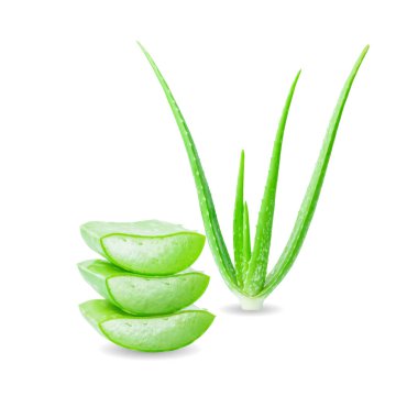 Beyaz arka planda izole edilmiş taze Aloe vera dilimi. Sağlık ve güzellik ürünleri kavramı.