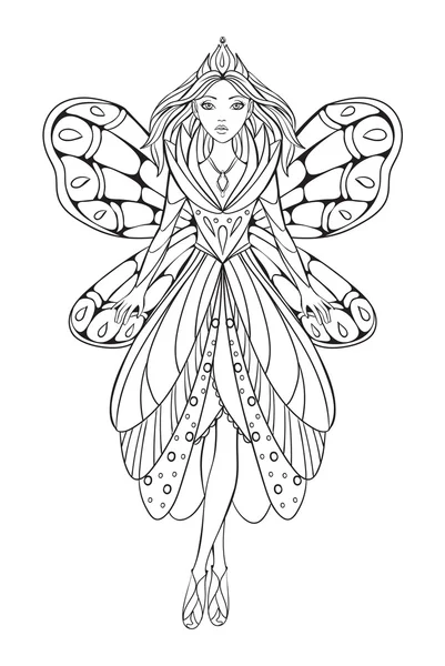 Vector illustration of a beautiful flower fairy queen for an adult coloring art therapy book — Stock Vector