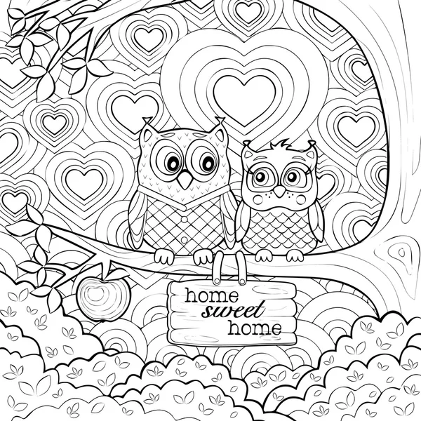 Adults art therapy coloring page of two cute owls — Stock Vector