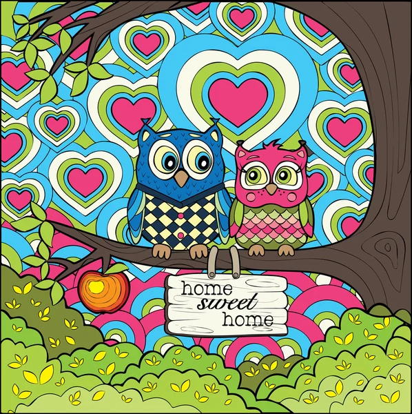 Cute Owls - Versi berwarna dari Halaman Warna Terapi Seni - Stok Vektor