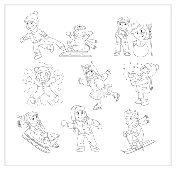 A set of happy children playing in snow and having fun. — Stock Vector