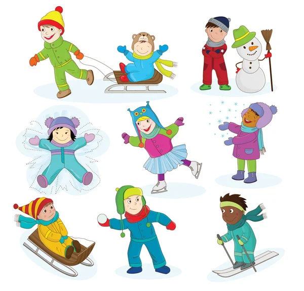Szczęśliwe dzieci zabawy zimowe — Wektor stockowy