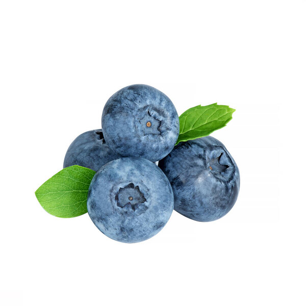 Juicy blueberries are isolated on a white background. Blueberries with leaves.