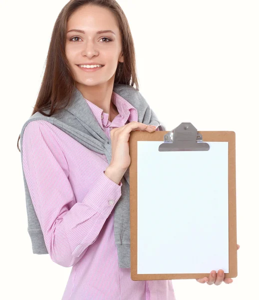 Woman showing a blank page of clipboard — Stock Photo, Image