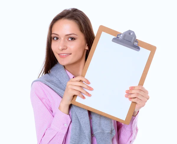 Woman showing a blank page of clipboard — Stock Photo, Image