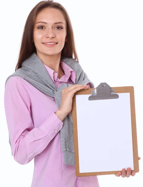 クリップボードの空白のページを示す女性 — ストック写真