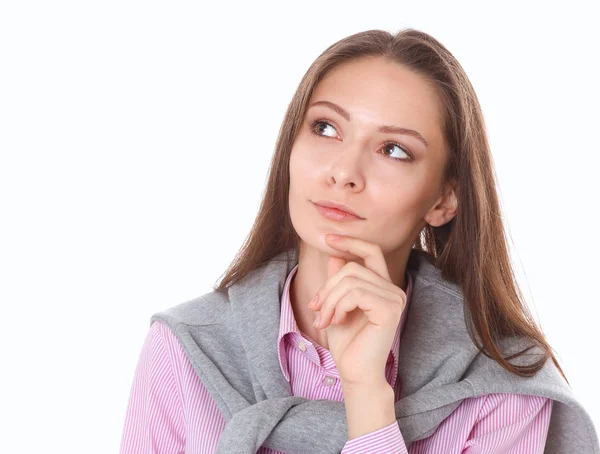 Retrato de una hermosa joven pensando, aislada sobre fondo blanco —  Fotos de Stock