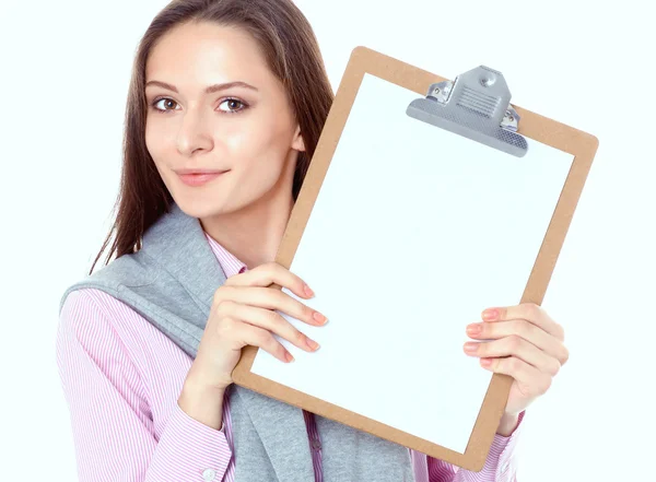 Mujer mostrando una página en blanco del portapapeles — Foto de Stock