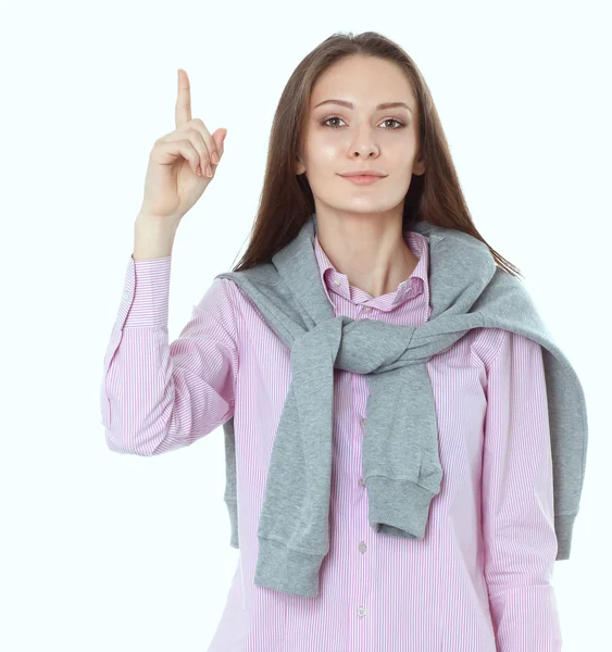 Genç kadın beyaz arka plan üzerinde izole işaret parmağı ile işaret eden oktan yukarı — Stok fotoğraf