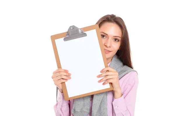 Mujer mostrando una página en blanco del portapapeles — Foto de Stock