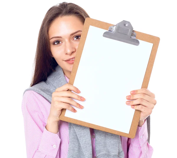 Mujer mostrando una página en blanco del portapapeles — Foto de Stock