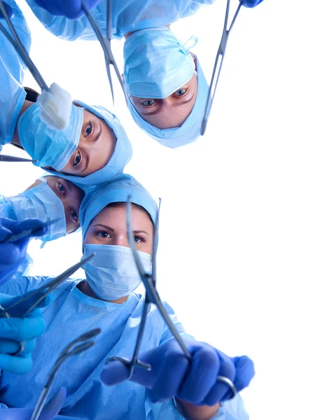 Chirurgen-Team, Männer und Frauen in Schutzuniformen, Mützen und Masken — Stockfoto