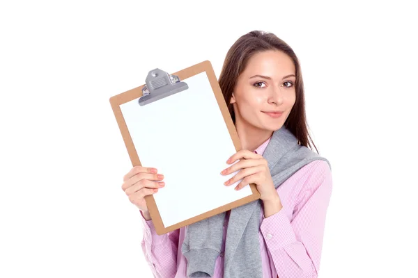 Woman showing a blank page of clipboard — Stock Photo, Image