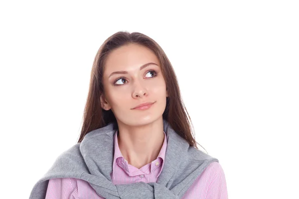 Mujer joven de pie sobre el fondo blanco — Foto de Stock