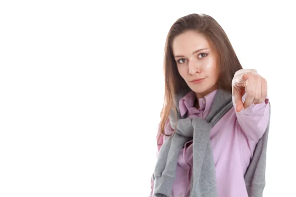 Giovane donna punta il dito su di te su sfondo bianco — Foto Stock