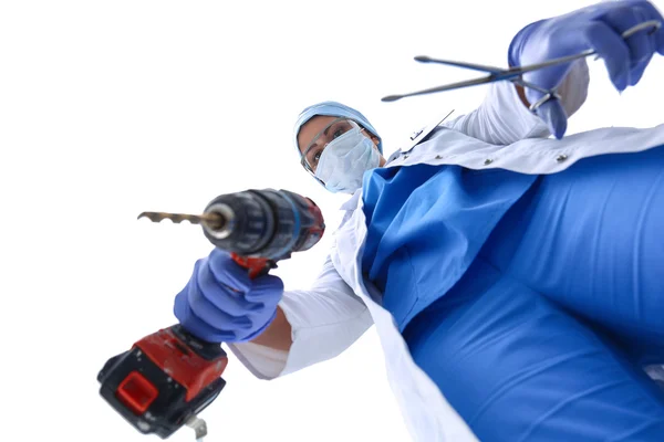 Cirurgiões homem vestindo uniformes protetores, bonés e máscaras — Fotografia de Stock