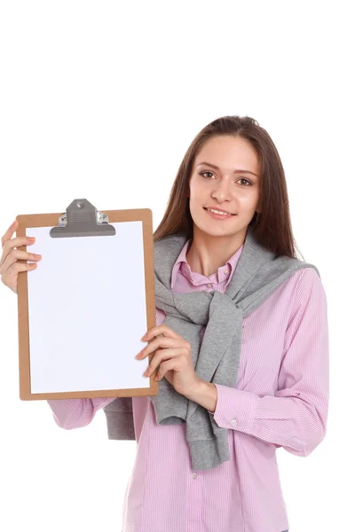 Mujer mostrando una página en blanco del portapapeles — Foto de Stock