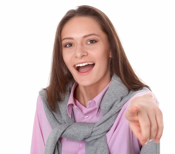 Young woman point finger at you  on white background — Stock Photo, Image