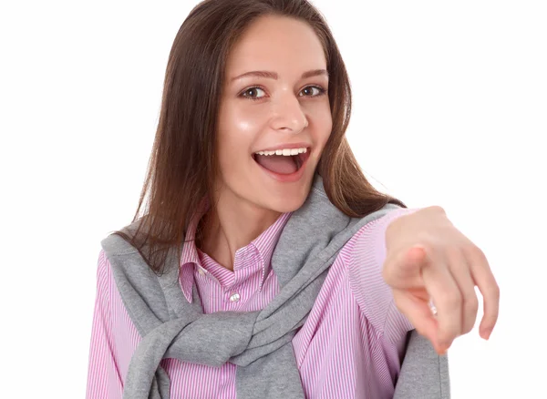 Young woman point finger at you  on white background — Stock Photo, Image