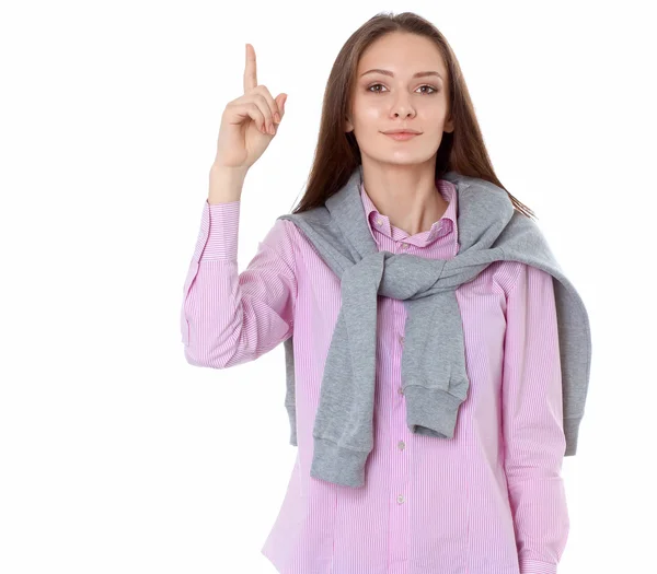 Genç kadın beyaz arka plan üzerinde izole işaret parmağı ile işaret eden oktan yukarı — Stok fotoğraf