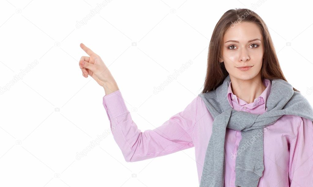 Young woman pointing up with forefinger, isolated on white background