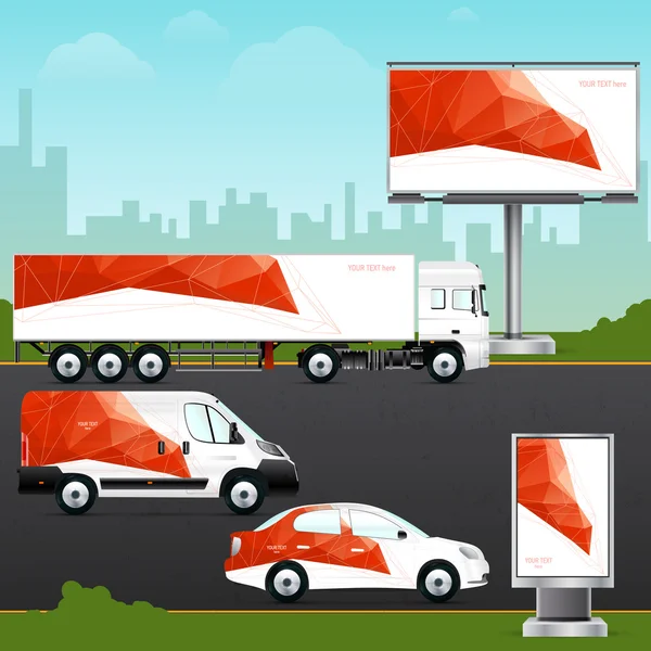 Binek otomobil, kamyon, otobüs ve reklam panosu — Stok Vektör
