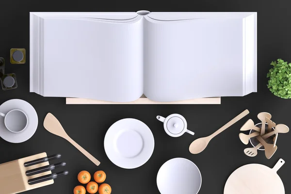 Branding mock up keuken met tafel- en keukengerei. — Stockfoto