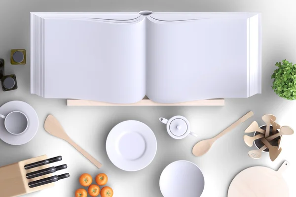 Branding mock up keuken met tafel- en keukengerei. — Stockfoto