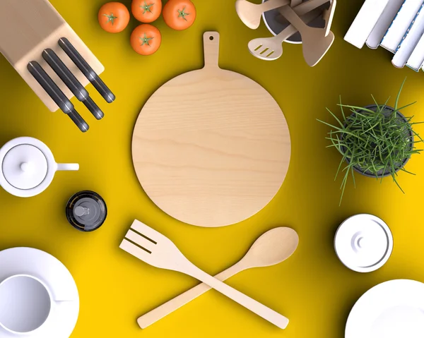 Cozinha com mesa e utensílios de cozinha . — Fotografia de Stock