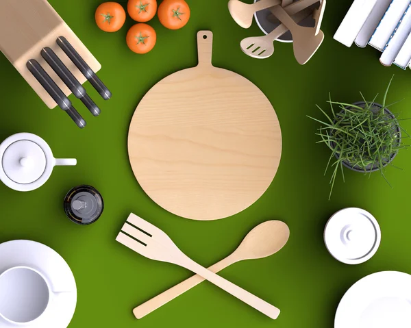 Keuken met tafel- en keukengerei. — Stockfoto