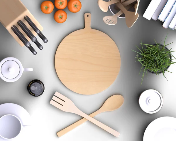 Cozinha com mesa e utensílios de cozinha . — Fotografia de Stock