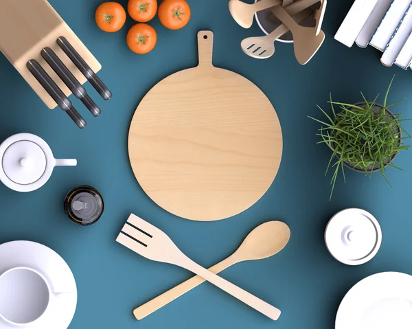 Kuchyně s tabulkou a nádobí. — Stock fotografie